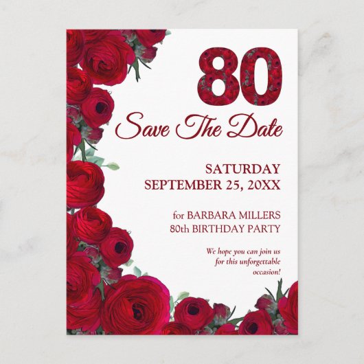 赤はっきりしたフローラ80番目の誕生日日付の保存 案内ポストカード (正面)