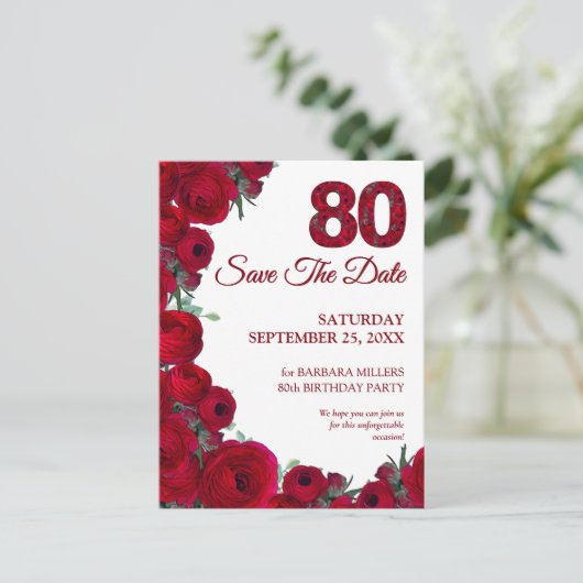 赤はっきりしたフローラ80番目の誕生日日付の保存 案内ポストカード (スタンド正面)