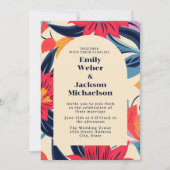 赤はっきりしたブルーフラワーアー結婚チ 招待状 (正面)