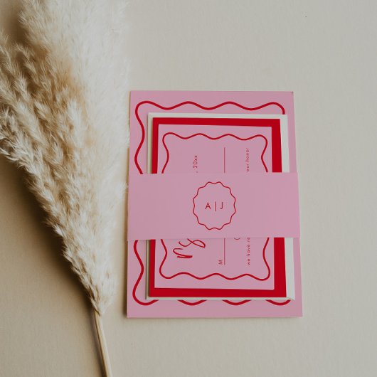 赤はっきりしたモダンとピンクの結婚式招待状 招待状ベリーバンド