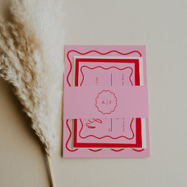 赤はっきりしたモダンとピンクの結婚式招待状 招待状ベリーバンド