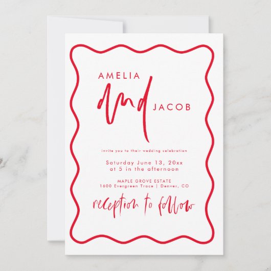 赤はっきりしたモダンとピンクの結婚式招待状 招待状 (正面)