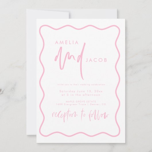 赤はっきりしたモダンとピンクの結婚式招待状 招待状 (正面)