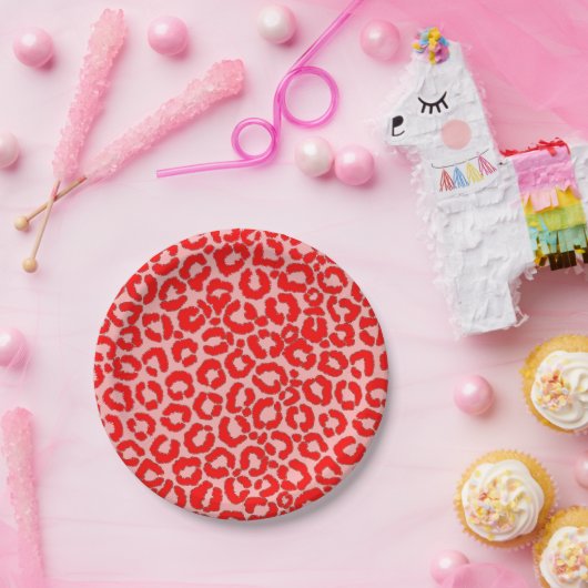 赤はっきりしたモダンピンクヒョウアニマルプリント ペーパープレート (パーティー)