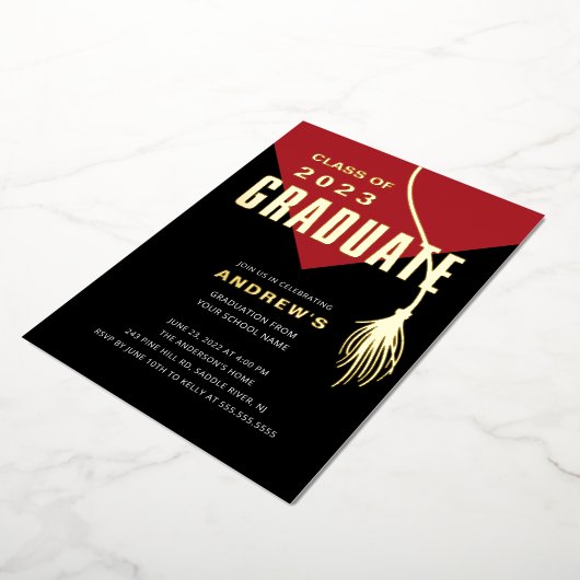 赤はっきりしたモダン卒業式 箔招待状 (回転した状態)