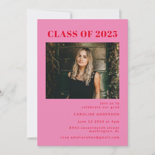 赤はっきりしたモダン紅写真の卒業式 招待状 (正面)
