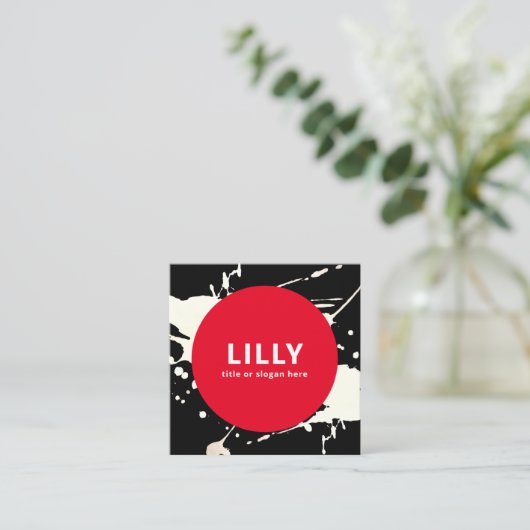 赤はっきりしたモダン色彩の鮮やか抽象芸術 スクエア名刺 (スタンド正面)