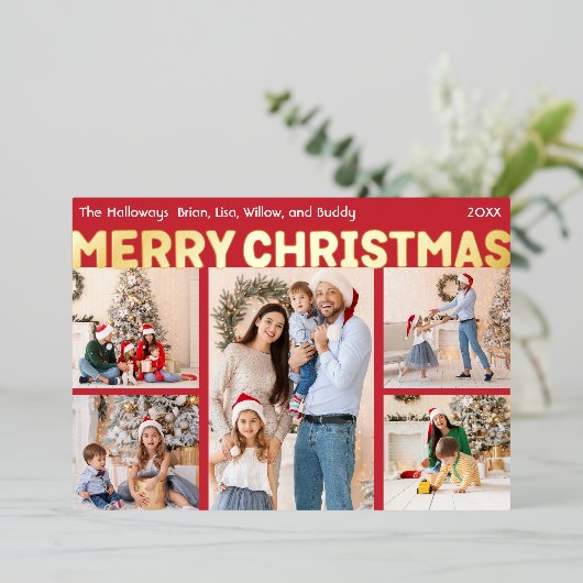 赤はっきりした五モダン写真メリークリスマス金ゴールド 箔シーズンカード (立ち正面)