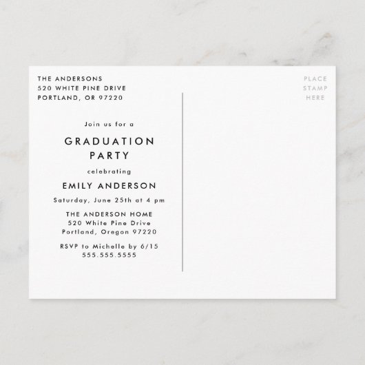 赤はっきりした写真卒業パーティー インビテーションポストカード (裏面)