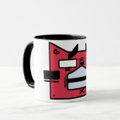 赤はっきりした幾何学猫マグ – 漫画予測できなスタイル マグカップ (正面左)