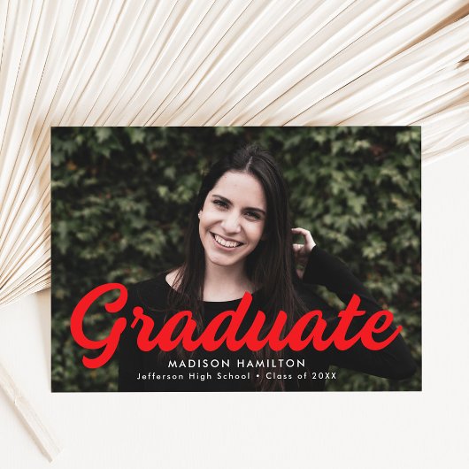 赤はっきりした文字の写真卒業 案内状