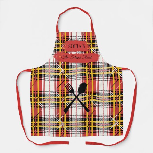 赤はっきりした料理器パーソナライズされた付き格子板 エプロン (正面)
