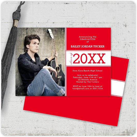 赤はっきりした白の写真卒業発表 案内状