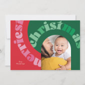 赤はっきりした緑タイポグラフィオーバルワンフォトクリスマス シーズンカード (正面)