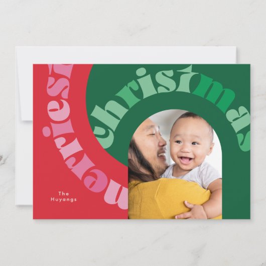 赤はっきりした緑タイポグラフィオーバルワンフォトクリスマス シーズンカード (正面)