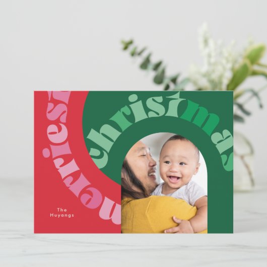 赤はっきりした緑タイポグラフィオーバルワンフォトクリスマス シーズンカード (スタンド正面)