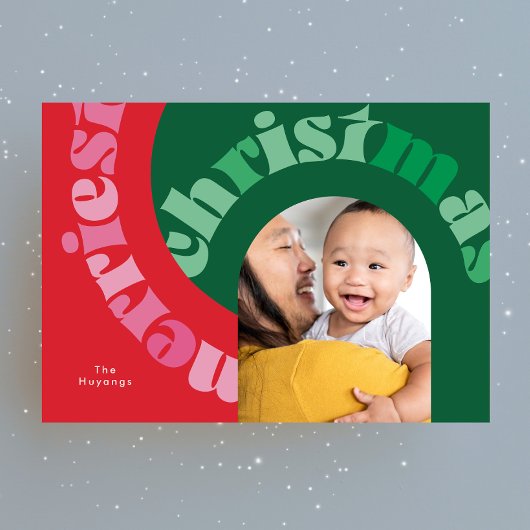 赤はっきりした緑タイポグラフィオーバルワンフォトクリスマス シーズンカード