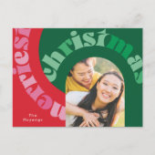 赤はっきりした緑タイポグラフィオーバルワンフォトクリスマス シーズンポストカード (正面)