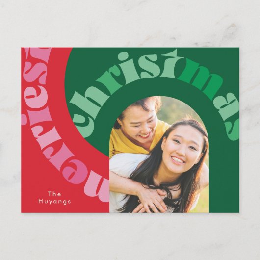 赤はっきりした緑タイポグラフィオーバルワンフォトクリスマス シーズンポストカード (正面)
