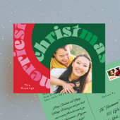 赤はっきりした緑タイポグラフィオーバルワンフォトクリスマス シーズンポストカード