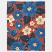 赤はっきりした背景の青とクリームのフローラ フリースブランケット (正面)