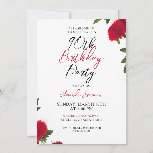 赤はっきりした花フェミニン90誕生日 招待状 (正面)