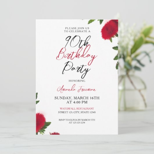 赤はっきりした花フェミニン90誕生日 招待状 (スタンド正面)