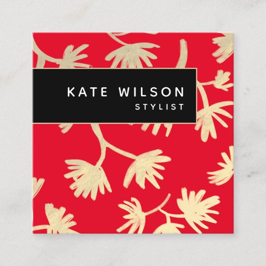 赤はっきりした金ゴールド芸術的花柄 スクエア名刺 (正面)