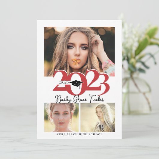 赤はっきりした2023 GRADキャップ3フォトコラージュ卒業 案内状 (スタンド正面)