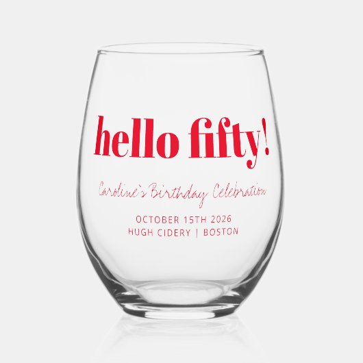 赤はっきりした50モダン誕生日カスタム ステムなしワイングラス (正面)