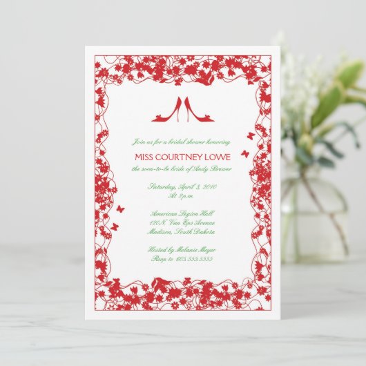 赤は赤の花のブライダルシャワーの招待状に蹄鉄を打ちます 招待状 (スタンド正面)