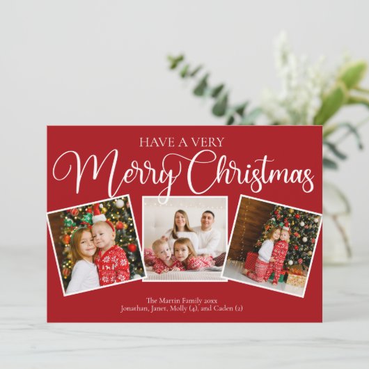 赤は非常に陽気なクリスマス3写真コラージュを持っている シーズンカード (スタンド正面)