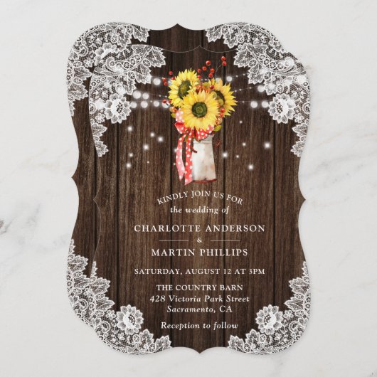 赤ひまわりレース木製ストリングラ結婚イト 招待状 (正面/裏面)