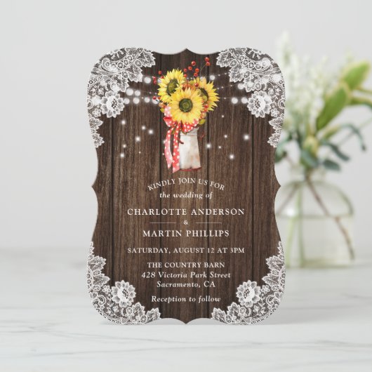赤ひまわりレース木製ストリングラ結婚イト 招待状 (スタンド正面)