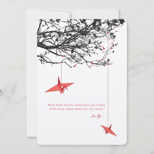 赤ぶら下がった紙クレーン愛引用文アジ結婚ア 招待状 (正面)