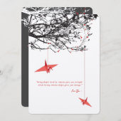 赤ぶら下がった紙クレーン愛引用文アジ結婚ア 招待状 (正面/裏面)