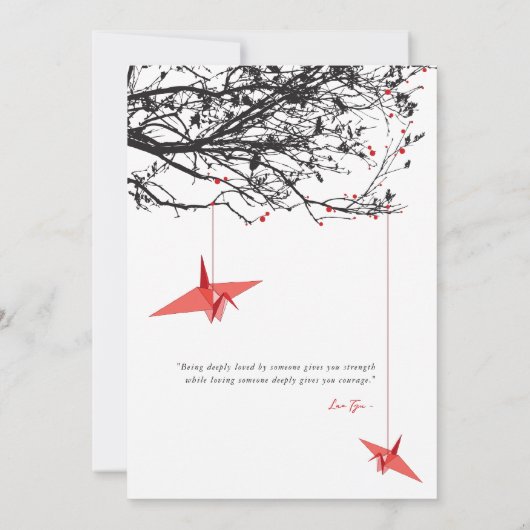 赤ぶら下がった紙クレーン愛引用文アジ結婚ア 招待状 (裏面)