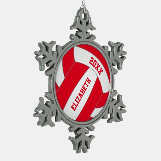 赤または任意の色パーソナライズされたの女の子のバレーボール スノーフレークピューターオーナメント (左)