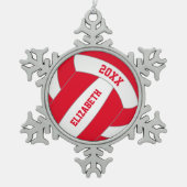 赤または任意の色パーソナライズされたの女の子のバレーボール スノーフレークピューターオーナメント (正面)