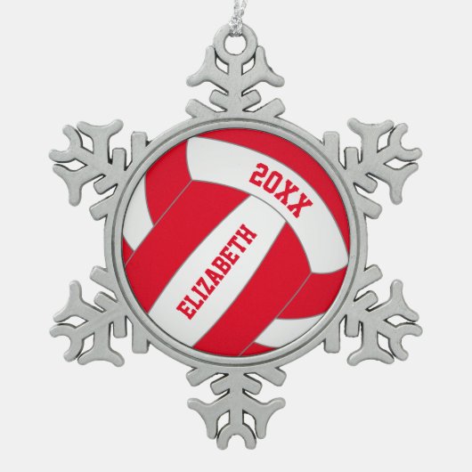 赤または任意の色パーソナライズされたの女の子のバレーボール スノーフレークピューターオーナメント (正面)