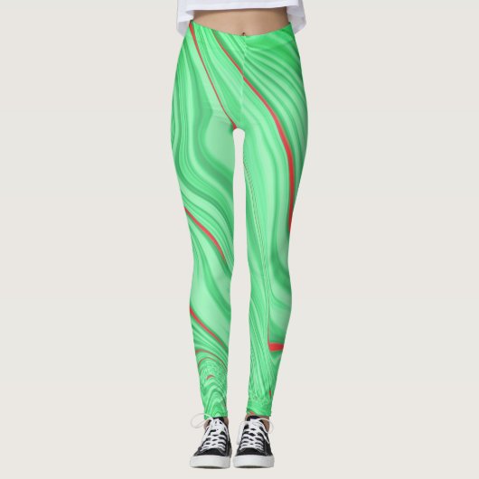 赤または珊瑚の曲線のストロークを持つアボカドクリーム レギンス (正面)