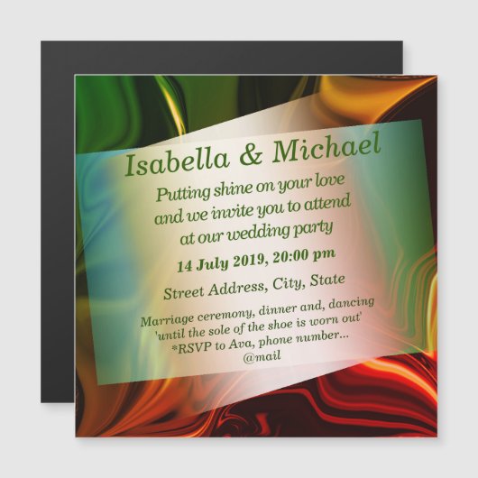 赤みがかった緑がかった曲線または曲がった金属 マグネット招待状 (正面/裏面)