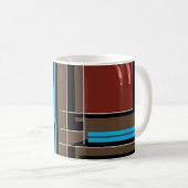 赤みがかった茶色の幾何学模様と青いライン コーヒーマグカップ (正面右)