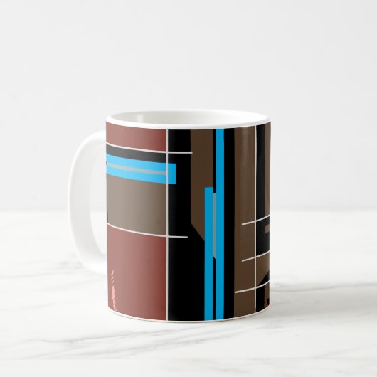 赤みがかった茶色の幾何学模様と青いライン コーヒーマグカップ (正面左)