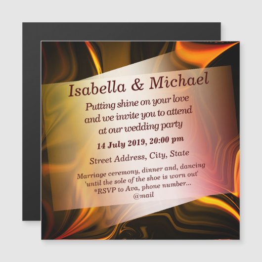 赤みを帯びた金ゴールドと暗い曲線またはニックネーム付けされたオレンジ マグネット招待状 (正面/裏面)