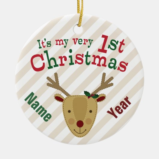 赤ゆっくり進られたトナカイのベビーの第1クリスマス セラミックオーナメント (正面)