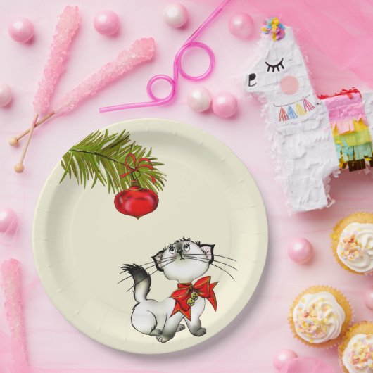 赤よくはしゃぐいクリスマスの弓の子猫 ペーパープレート (パーティー)