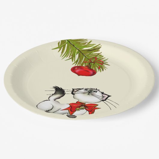 赤よくはしゃぐいクリスマスの弓の子猫 ペーパープレート (アングル)