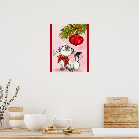 赤よくはしゃぐいクリスマスの弓の子猫 ポスター (キッチン)