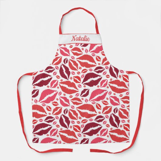 赤よくはしゃぐとピンクのリッププリントデザイン エプロン (正面)
